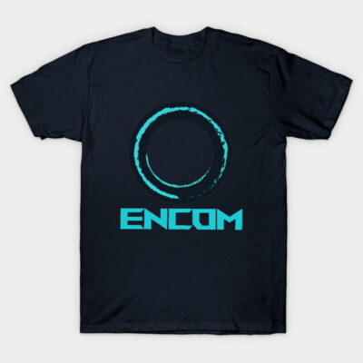Navy blue t-shirt with futuristic turquoise logo design, perfect for casual wear, made from soft cotton material.