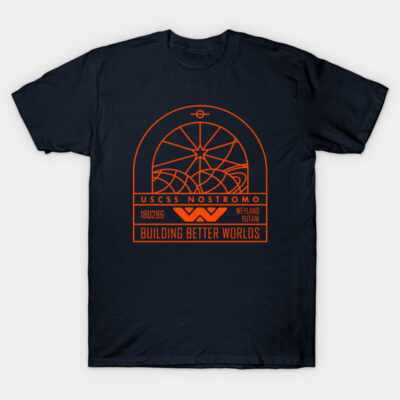 Navy blue T-shirt with orange sci-fi graphic design, soft cotton material, casual wear for everyday style.
