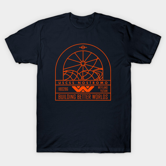 Navy blue T-shirt with orange sci-fi graphic design, soft cotton material, casual wear for everyday style.