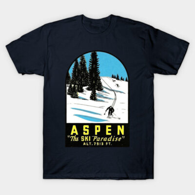 Navy blue t-shirt with Aspen ski design, featuring a snowy landscape and trees, perfect for casual wear or ski enthusiasts.