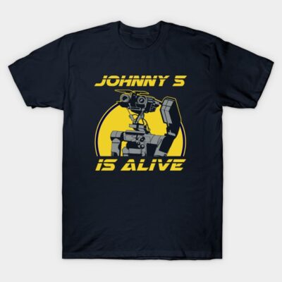 Black graphic t-shirt with "Johnny 5 Is Alive" design, featuring a robot illustration on a yellow background. Cotton material.