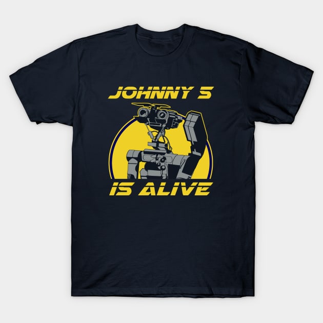 Black graphic t-shirt with "Johnny 5 Is Alive" design, featuring a robot illustration on a yellow background. Cotton material.