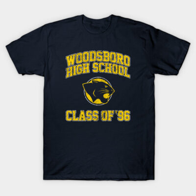 Navy blue t-shirt with "Woodsboro High School Class of '96" yellow graphic, casual style, cotton fabric.