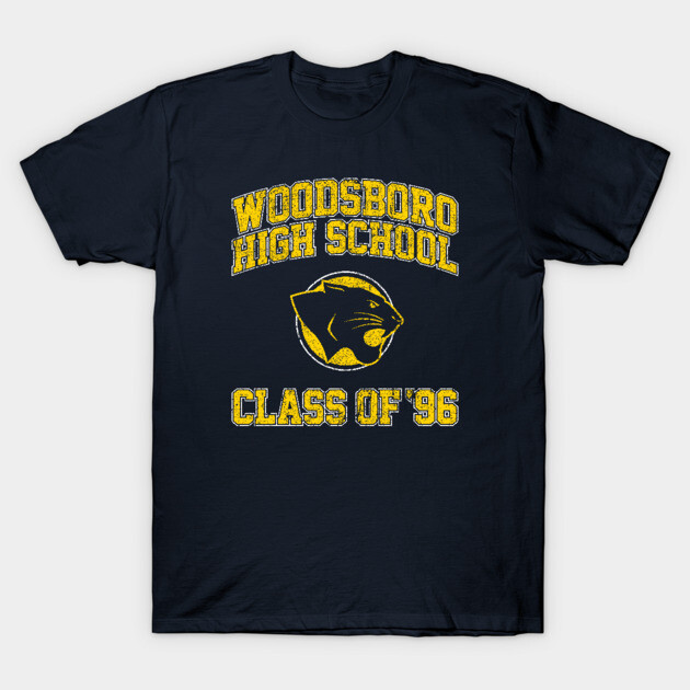 Navy blue t-shirt with "Woodsboro High School Class of '96" yellow graphic, casual style, cotton fabric.
