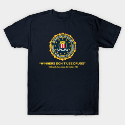Navy blue t-shirt with FBI logo and "Winners Don't Use Drugs" slogan in yellow, casual cotton tee for everyday wear.