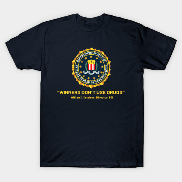 Navy blue t-shirt with FBI logo and "Winners Don't Use Drugs" slogan in yellow, casual cotton tee for everyday wear.