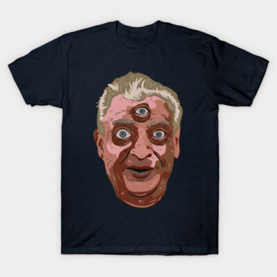 Black t-shirt featuring a unique three-eyed face graphic design, perfect for casual wear or gifting.