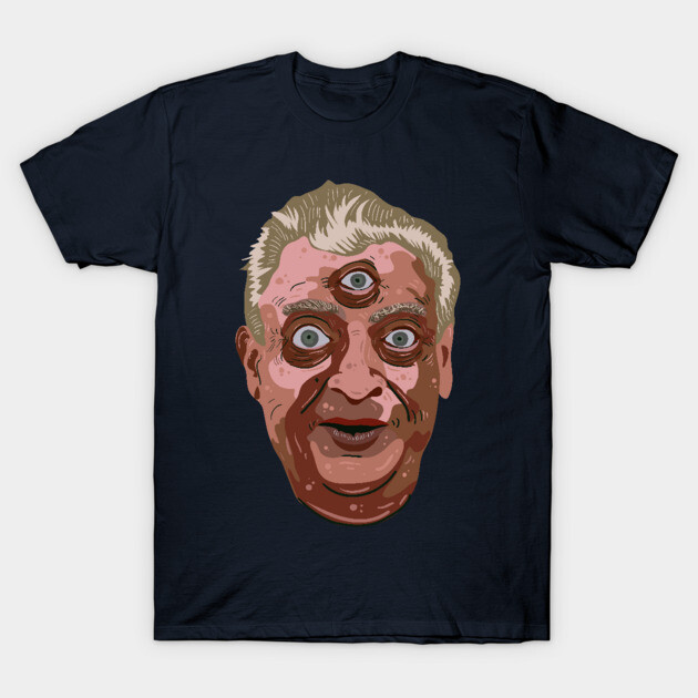 Black t-shirt featuring a unique three-eyed face graphic design, perfect for casual wear or gifting.