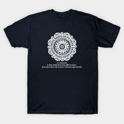 Navy blue t-shirt with intricate white mandala design and inspirational quote, perfect for casual wear. 100% cotton.