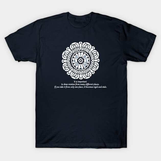 Navy blue t-shirt with intricate white mandala design and inspirational quote, perfect for casual wear. 100% cotton.