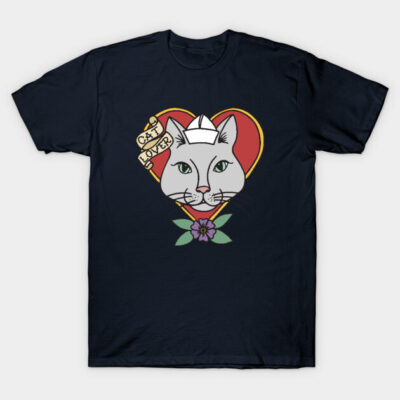 Navy blue t-shirt with cat lover design, heart and cat graphic, perfect for casual wear, cotton material.