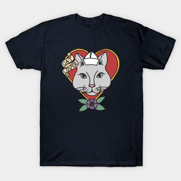 Navy blue t-shirt with cat lover design, heart and cat graphic, perfect for casual wear, cotton material.