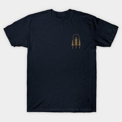 Navy blue t-shirt with minimalist gold tree design, casual style, eco-friendly cotton fabric, perfect for outdoor wear.