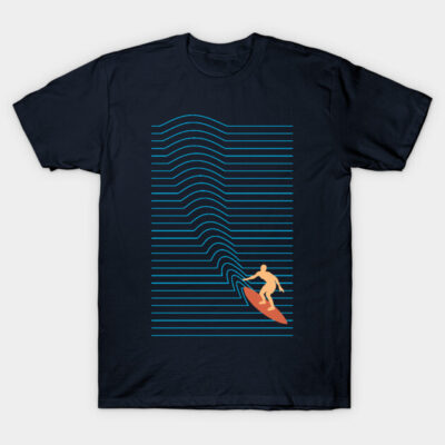 Navy t-shirt with retro wave and surfer graphic, casual style, cotton material, perfect for beachwear or casual outings.