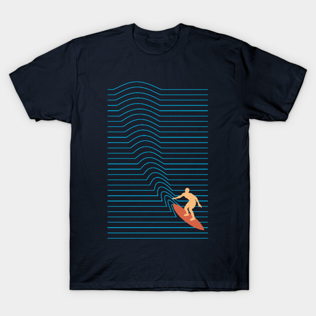 Navy t-shirt with retro wave and surfer graphic, casual style, cotton material, perfect for beachwear or casual outings.