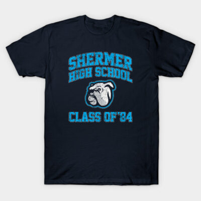 Navy blue t-shirt with "Shermer High School Class of '84" print and bulldog graphic, casual cotton style.