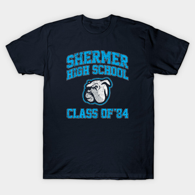 Navy blue t-shirt with "Shermer High School Class of '84" print and bulldog graphic, casual cotton style.