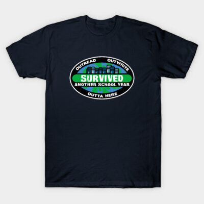 Navy blue t-shirt with "Survived Another School Year" text design, casual style, perfect for students or teachers.