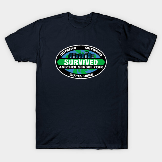 Navy blue t-shirt with "Survived Another School Year" text design, casual style, perfect for students or teachers.