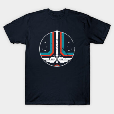 Navy blue graphic t-shirt with retro spaceship design, featuring red and teal accents, made from soft cotton fabric.