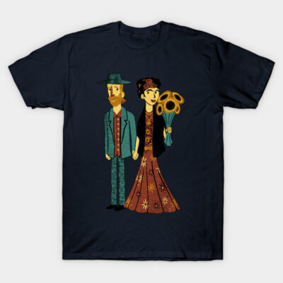 Navy blue t-shirt featuring a colorful, artistic couple design, suitable for casual wear, made from 100% cotton.