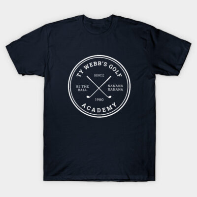 Navy blue T-shirt with white circular golf-themed print, casual style, perfect for sports enthusiasts.