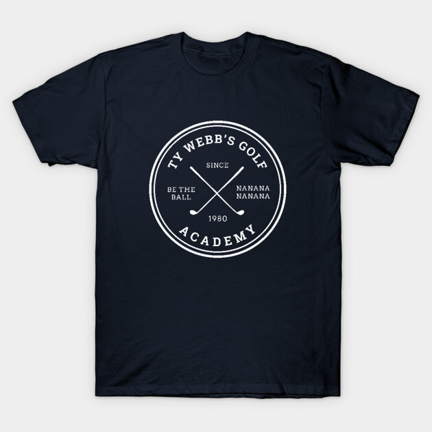 Navy blue T-shirt with white circular golf-themed print, casual style, perfect for sports enthusiasts.
