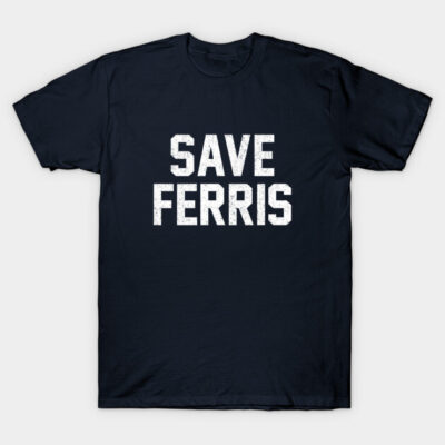 Navy blue t-shirt with "Save Ferris" text, casual cotton apparel, unisex design, perfect for everyday wear.