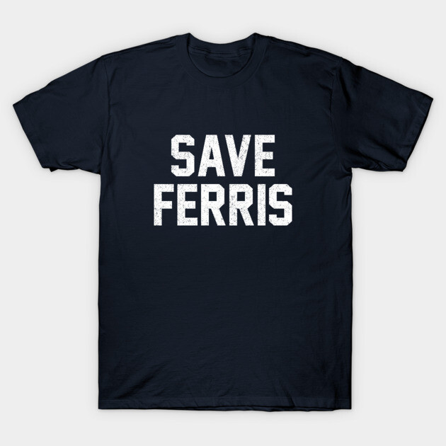 Navy blue t-shirt with "Save Ferris" text, casual cotton apparel, unisex design, perfect for everyday wear.