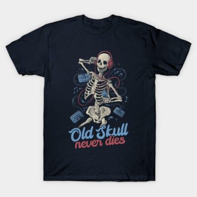 Black t-shirt with skeleton and headphones graphic, "Old Skull Never Dies" text, casual wear, cotton material.