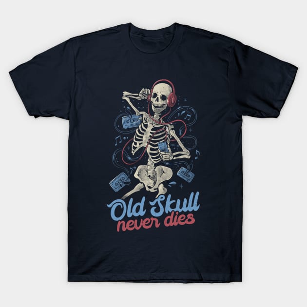 Black t-shirt with skeleton and headphones graphic, "Old Skull Never Dies" text, casual wear, cotton material.