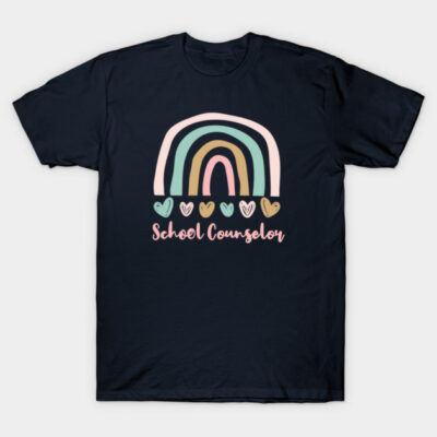 Navy blue t-shirt with rainbow and heart design, "School Counselor" text, casual style, cotton material.