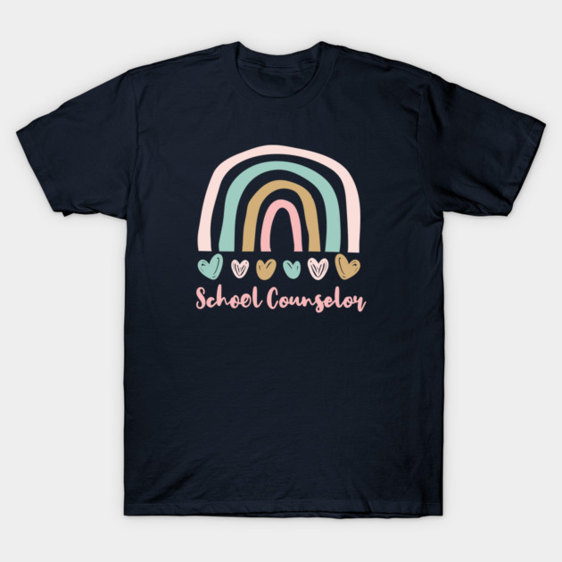 Navy blue t-shirt with rainbow and heart design, "School Counselor" text, casual style, cotton material.