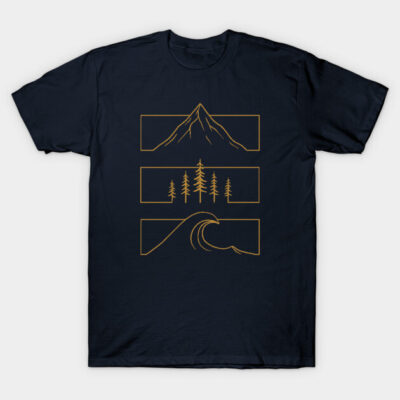 Navy blue t-shirt with minimalist mountain, forest, and wave design in gold; casual outdoor style, cotton fabric.