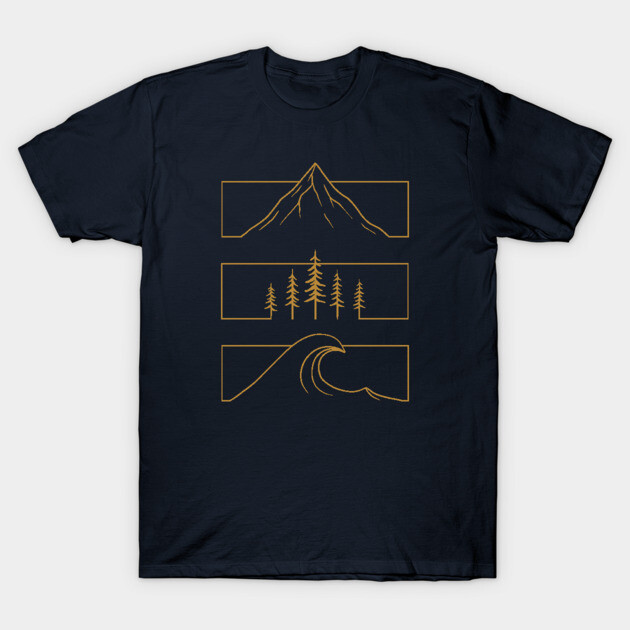 Navy blue t-shirt with minimalist mountain, forest, and wave design in gold; casual outdoor style, cotton fabric.