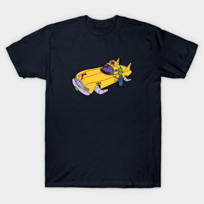 Navy blue t-shirt featuring a colorful cartoon-style yellow car and character print, casual wear, 100% cotton.