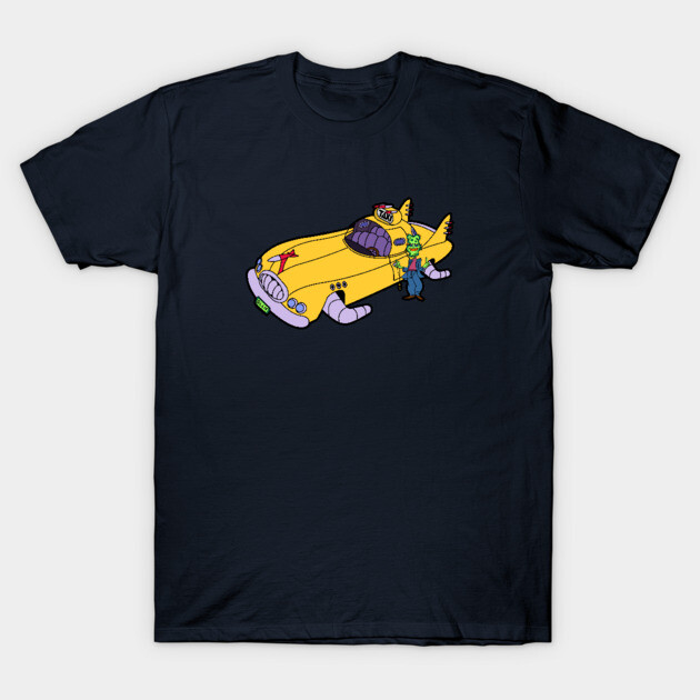 Navy blue t-shirt featuring a colorful cartoon-style yellow car and character print, casual wear, 100% cotton.