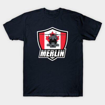 "Black t-shirt with helicopter design and red maple leaf shield, casual wear, cotton blend, comfortable fit"
