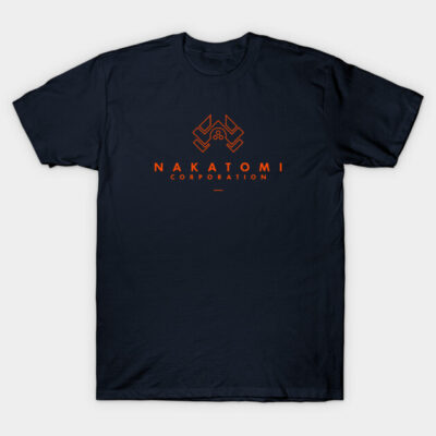 Black t-shirt with orange "Nakatomi Corporation" logo, casual cotton tee, pop culture design for everyday wear.