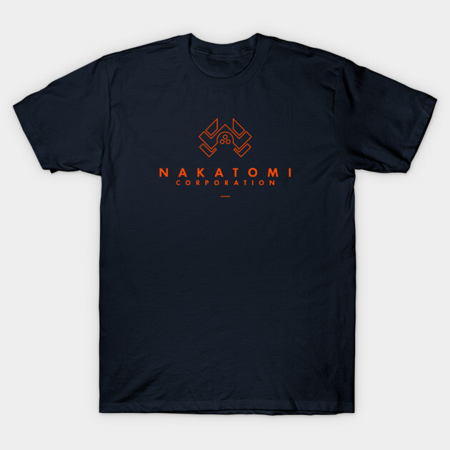 Black t-shirt with orange "Nakatomi Corporation" logo, casual cotton tee, pop culture design for everyday wear.