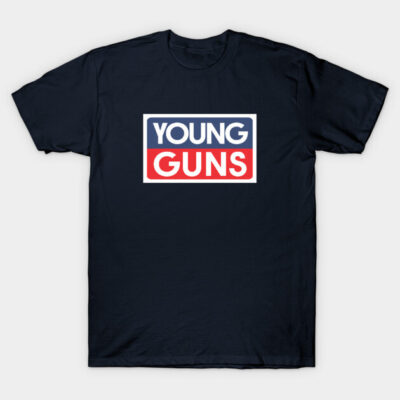 Navy blue t-shirt with bold "Young Guns" text design in white, red, and blue rectangles, casual style, cotton material.