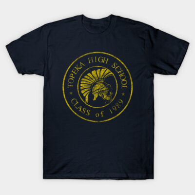 Navy blue t-shirt with yellow "Topeka High School Class of 1989" emblem, casual wear, cotton material.