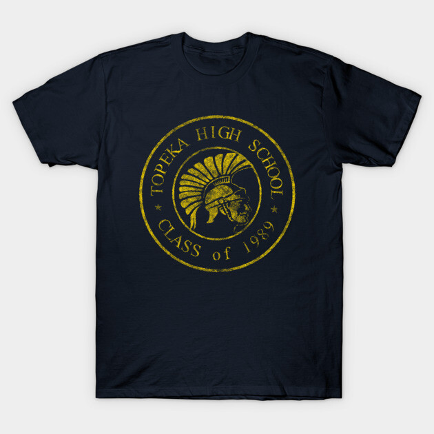 Navy blue t-shirt with yellow "Topeka High School Class of 1989" emblem, casual wear, cotton material.