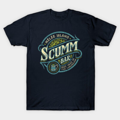 Navy blue t-shirt with vintage "Scumm Bar" graphic, casual style, ideal for everyday wear.