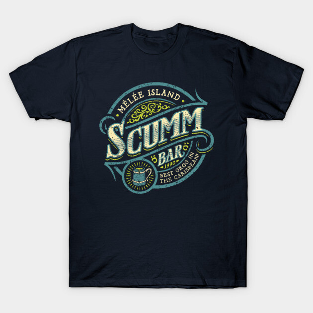Navy blue t-shirt with vintage "Scumm Bar" graphic, casual style, ideal for everyday wear.