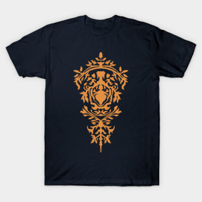 Navy blue t-shirt with intricate orange lion design, casual style, perfect for everyday wear, 100% cotton material.