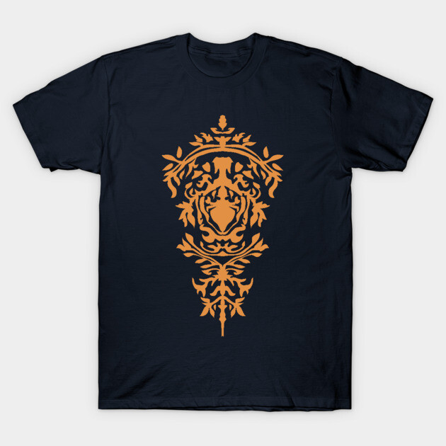 Navy blue t-shirt with intricate orange lion design, casual style, perfect for everyday wear, 100% cotton material.