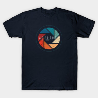 Navy blue t-shirt with colorful geometric logo design, casual style, ideal for everyday wear, cotton material.