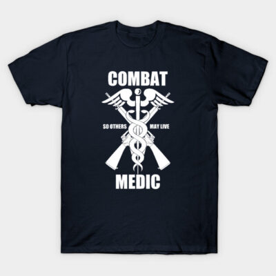 Navy blue "Combat Medic" t-shirt with white graphic, short sleeves, casual cotton wear for military support enthusiasts.