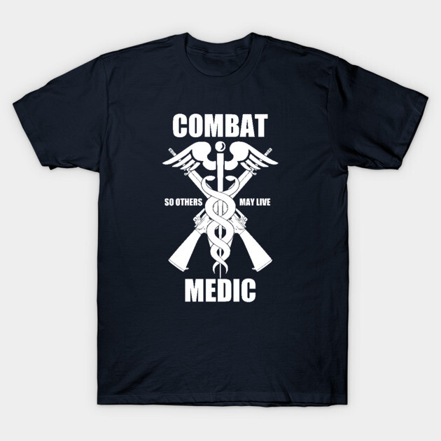 Navy blue "Combat Medic" t-shirt with white graphic, short sleeves, casual cotton wear for military support enthusiasts.